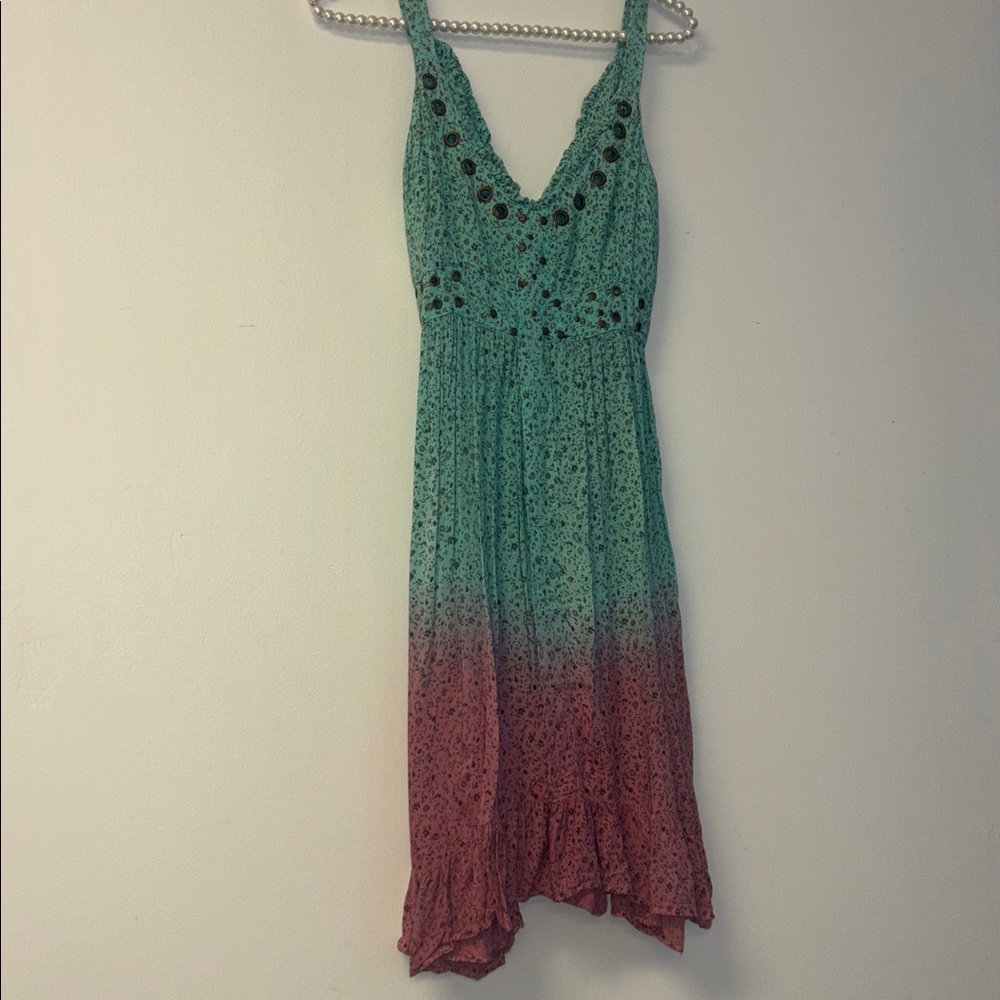 Elegant Ombre Mini Dress floral Sz med teal pink stuffed boho indie spring summ - Picture 3 of 7